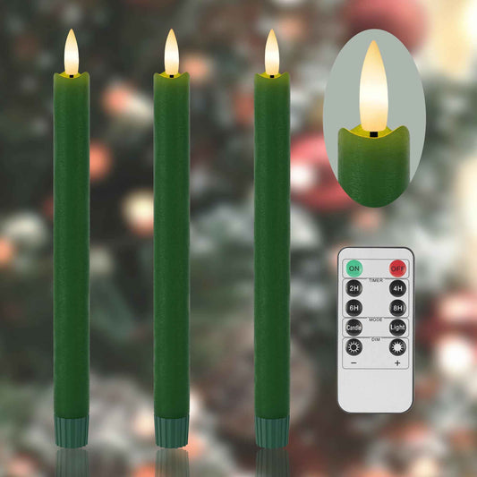 Green Flameless Taper Candles 9.6" Christmas LED Candles Real Wax with Remote Timer, Battery Operated LED Candles Set with 3D Flickering Flame, Classic Flickering Candlesticks for Home, Party, 3 Pack