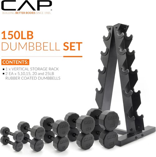 CAP Barbell Dumbbell Weight Set - Rubber Coated with Vertical Rack | 100 lb, 150 lb, 210 lb Options