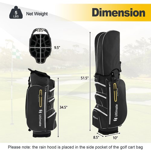GYMAX Golf Cart Bag, 15-Way Divider with 7 Pockets, Rain Hood, Umbrella Holder & Gloves Stickers, Unisex Adults Golf Clubs Bag (Black)