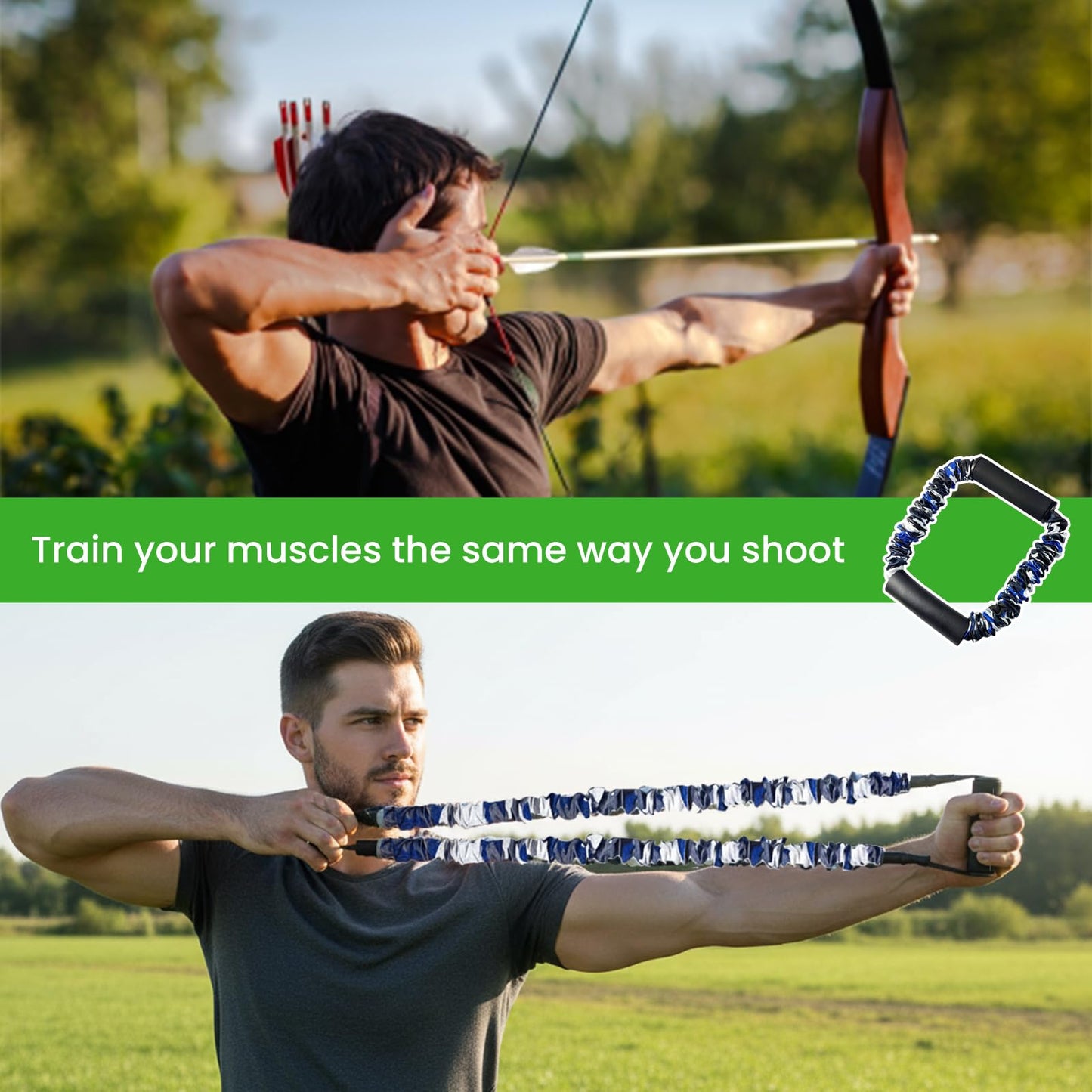 Archery Training Band Bow Resistance Trainer for Compound & Recurve Bows, Strength Training for Shooting Form, Arm & Back Muscle Exerciser with Comfortable Grip