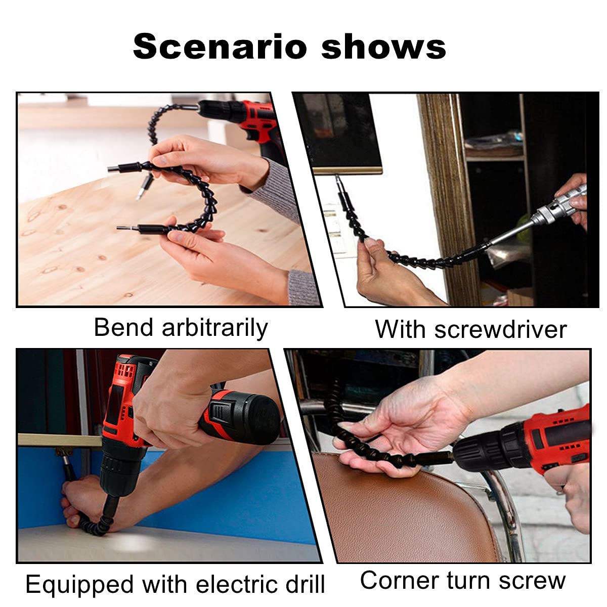 4 Pack Flexible Drill Bit Extension, 11.6 inch Superbit Screwdriver Flexible, Bendable Flexible Drill Bit Extension, Super Bit Flexible Shaft Extension Bits (Black)