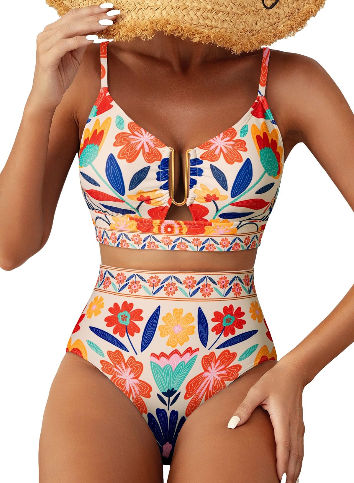 Herseas Women's 2 Piece High Waisted U Wire Cutout Bikini Sets Floral Print Swimsuits Crisscross Back Padded Push Up Bathing Suit Modest 2026 Summer Beach Cruise Essentials Orange Floral Medium
