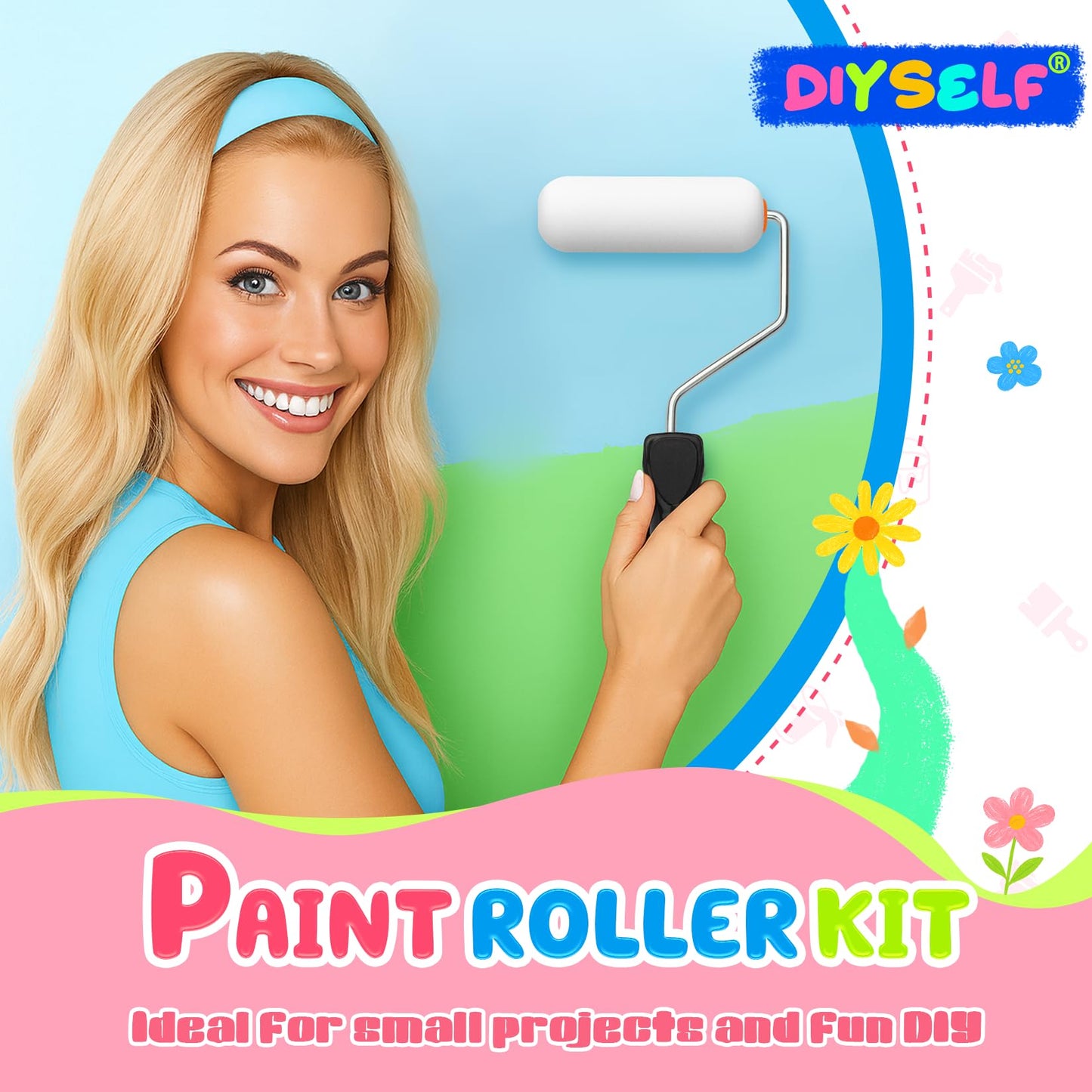 DIYSELF Paint Roller Kit - Foam Paint Roller 4 inch, Small Roller Paint Brush, Mini Rollers for Painting, Walls, Cabinets, Doors, House Painting Supplies, Professional Paint Roller Tray Set (10 Pack)