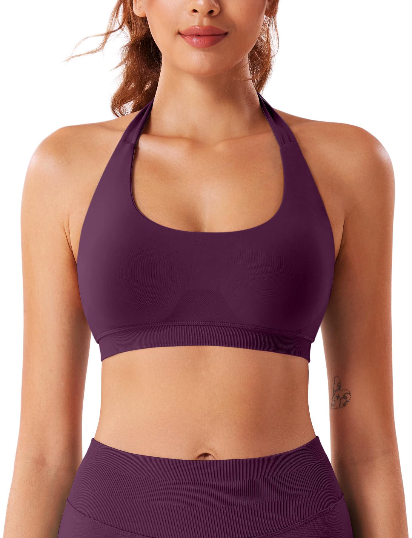 VOYJOY Women Workout Impact Bras Medium Low Support Halter Sports Bras Seamless Open Back Gym Padded Yoga Crop Top Black Cherry S