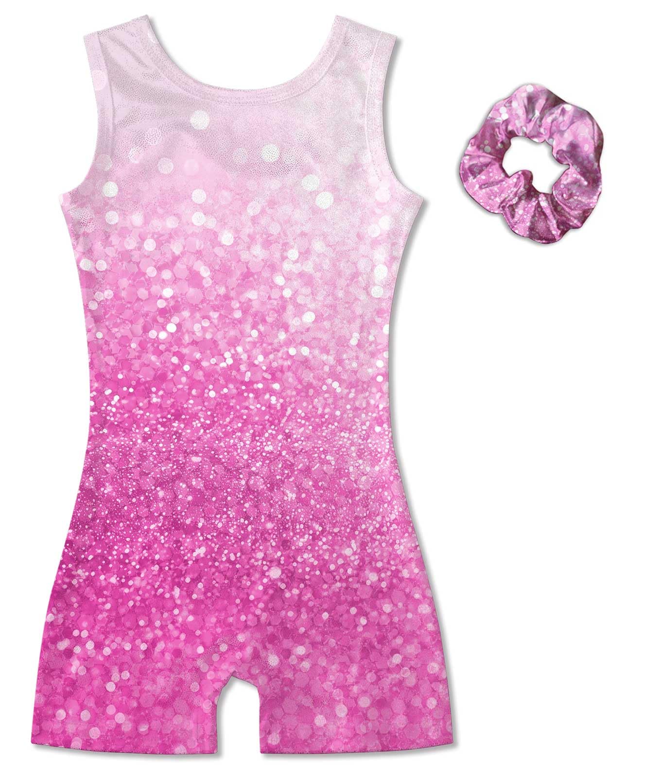 Vogseek 11 12 Years Girls Gymnastics Leotards with Hair Scrunchie Pink Sparkle Dots Active Biketards with Cover Shorts Girl's Cute Classic Ballet Unitards Sets,Pink Shiny