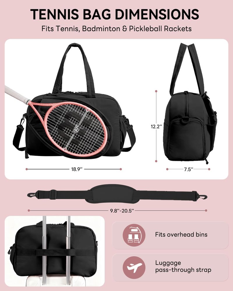 Tennis Tote Bag for Women – Waterproof Lightweight Travel Gym Bag with Shoulder Strap, Holds 2 Rackets, Pickleball & Badminton Bag with Shoe Compartment, Wet/Dry Separation, Fits 15.6" Laptop, Black