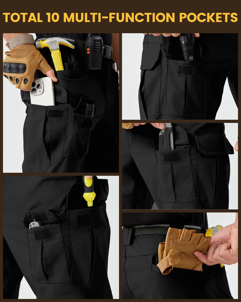 PandaVoy Men's Stretch Tactical Work Pants with Removable Knee Pads, Water-Resistant Ripstop Cargo Pants for Outdoor & Hiking Lightweight Slim Fit Black 32,30