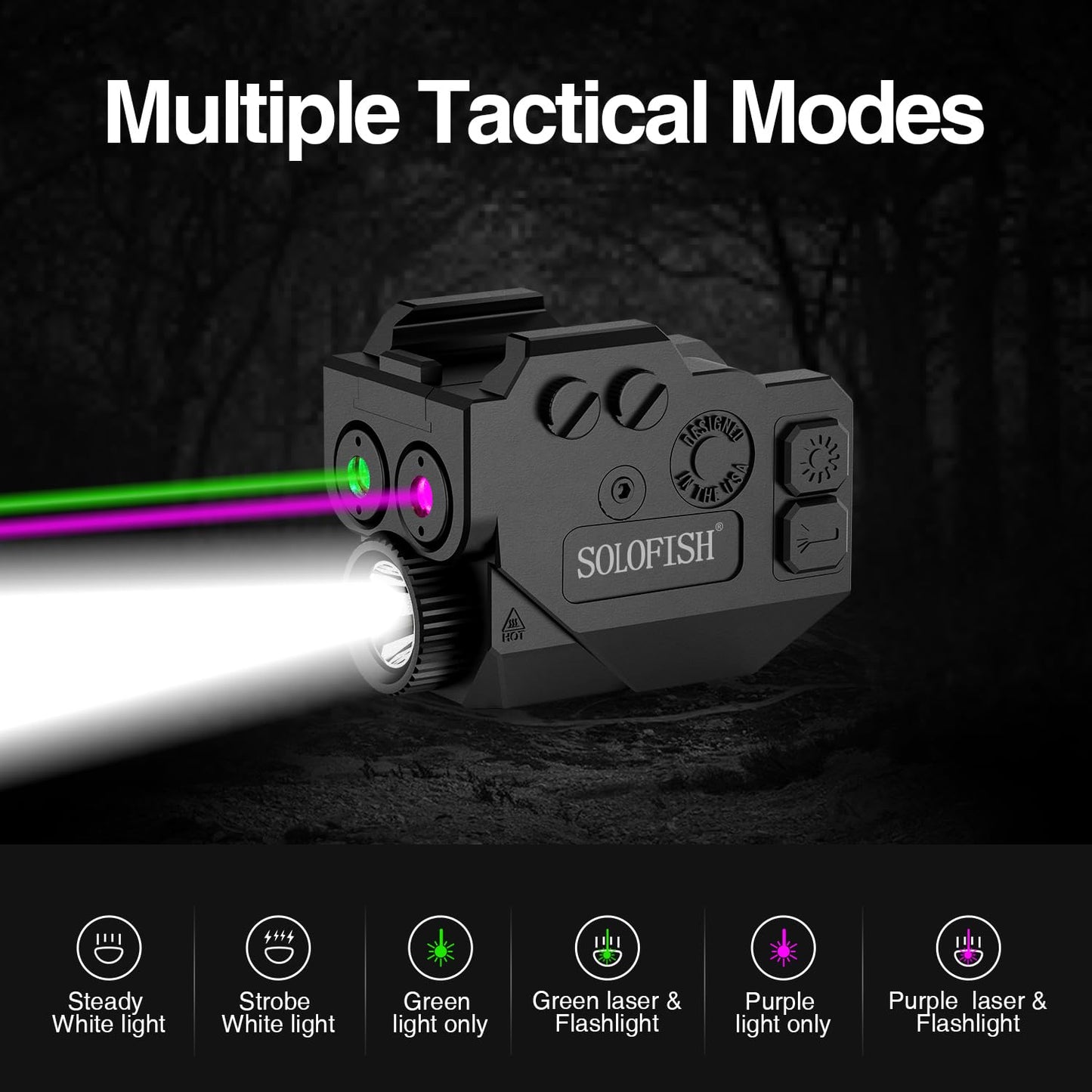 SOLOFISH 500lm Pistol Light Beam Combo with Strobe & Memory, Slidable Purple Green Beam and Gun Light Fits Full & Compact