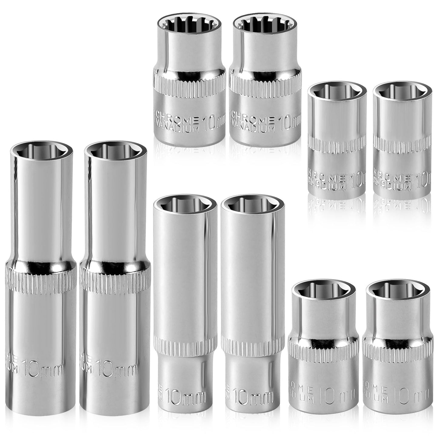 [10-Piece] 10mm Socket Set, 1/4-Inch & 3/8-Inch Drive Impact Socket, 6-Point & 12-Point, Deep and Shallow, Mirror Chrome Finish