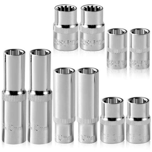 [10-Piece] 10mm Socket Set, 1/4-Inch & 3/8-Inch Drive Impact Socket, 6-Point & 12-Point, Deep and Shallow, Mirror Chrome Finish