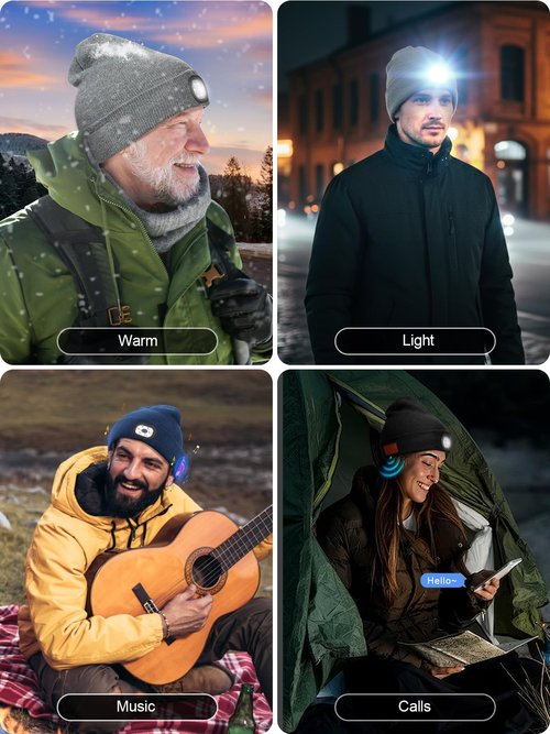 UNBON Valentines Day Gifts for Him, Valentine Gifts for Men, Mens Gift Cool Gadgets, LED Bluetooth Beanie with Light for Men Grey