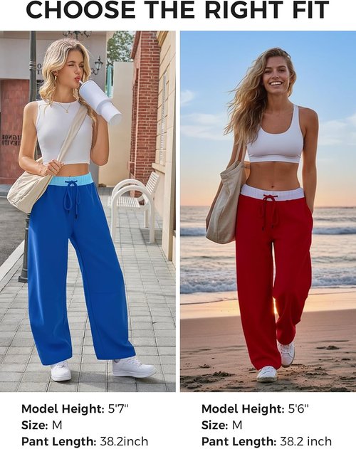 Fisoew Women's Wide Leg Sweatpants - Baggy Drawstring Joggers with Pockets | Color Block Design