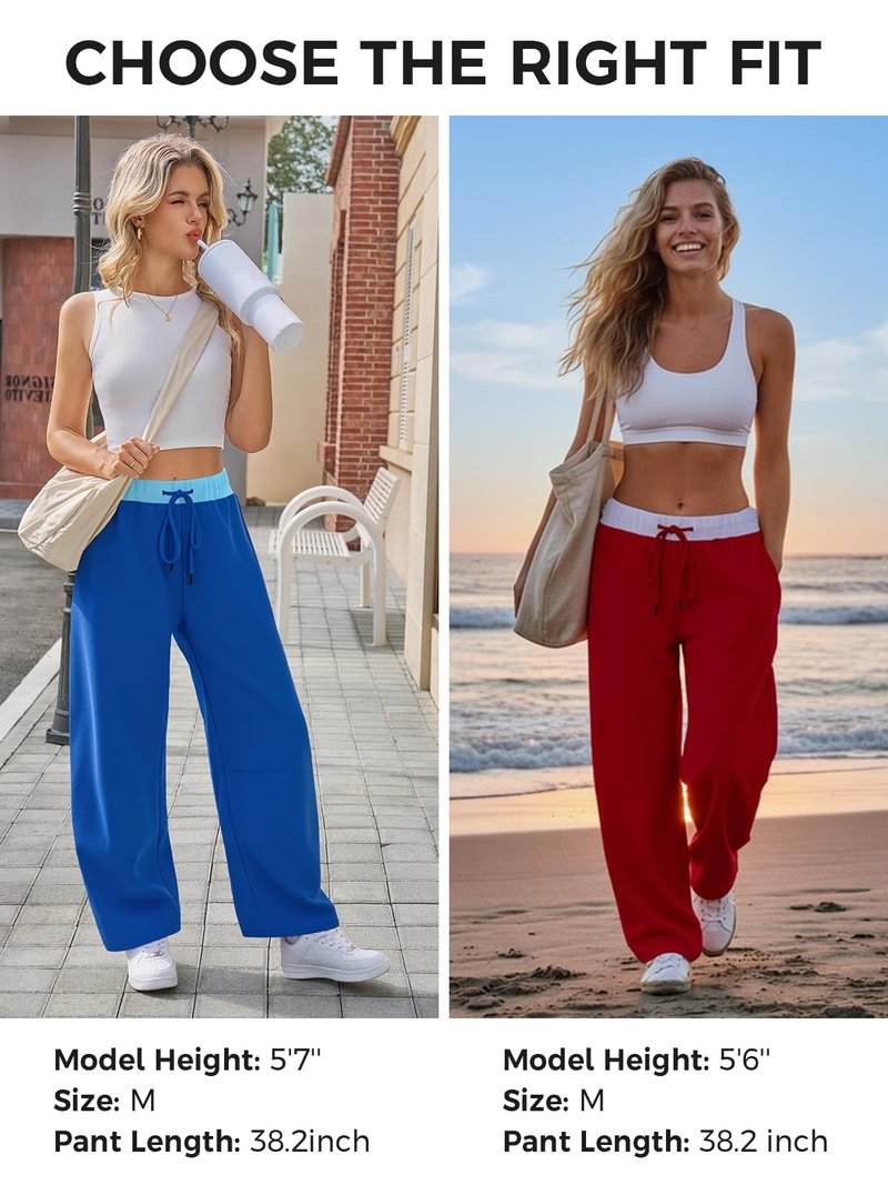 Fisoew Womens Wide Leg Sweatpants Baggy Drawstring Elastic Waisted Travel Track Pants Color Block Joggers with Pockets Red