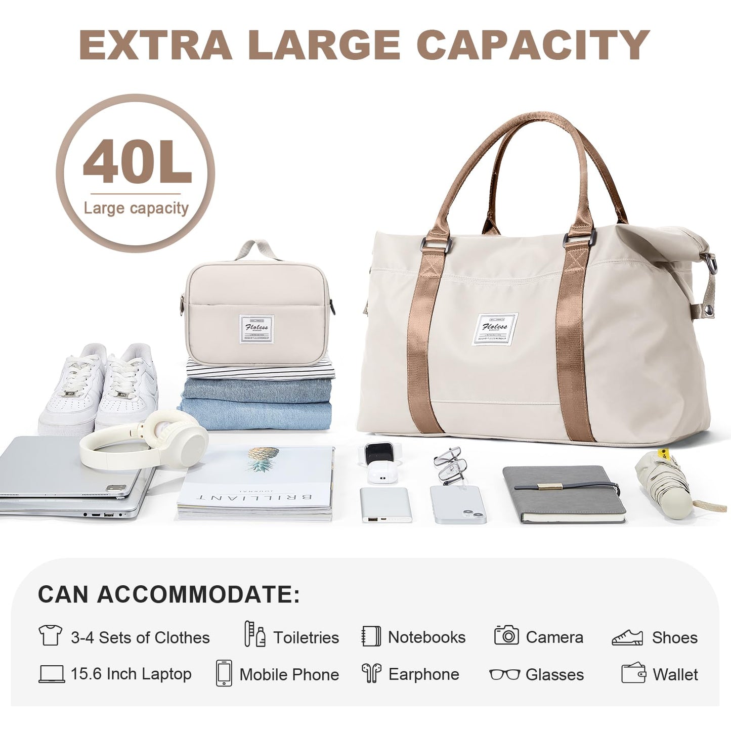 Travel Duffel Bag,Weekender Overnight Bag for Women,Carry-on with Wet Pocket,Extra Large,Beige & Brown