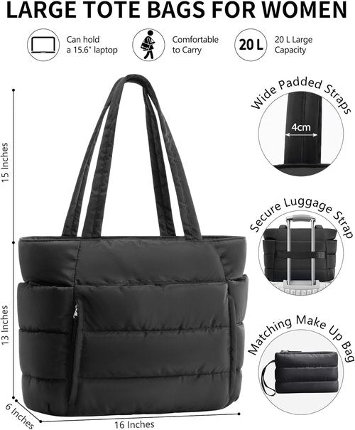 Bagstellar Puffer Tote Bag - Lightweight Quilted Handbag for Women | Ideal for School, Travel & Gym, 15.6" Laptop Compartment