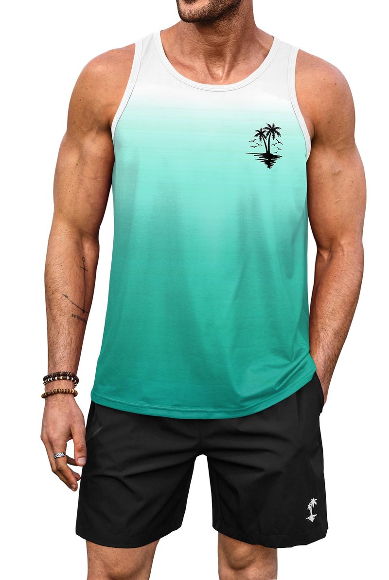 VOGSTART Men's Tank and Shorts Set Designer Shirts Sleeveless Shirt Hawai Cool Vacation Beach Classic Summer Tropical Breathable Vacation Lightweight Tank Green - Gradient L