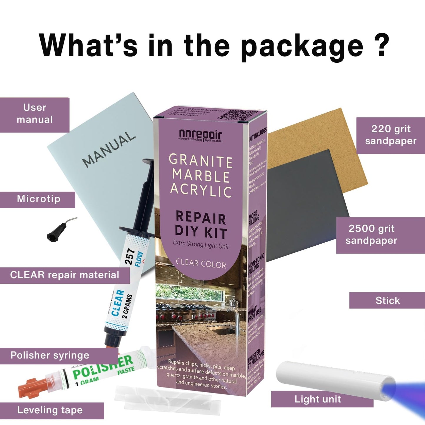 Granite, Marble and Acrylic Repair Kit (Clear/Transparent) - Fix Your Defects Like a Pro I Suitable for Most Repairs I Fix Broken Chips in Minutes