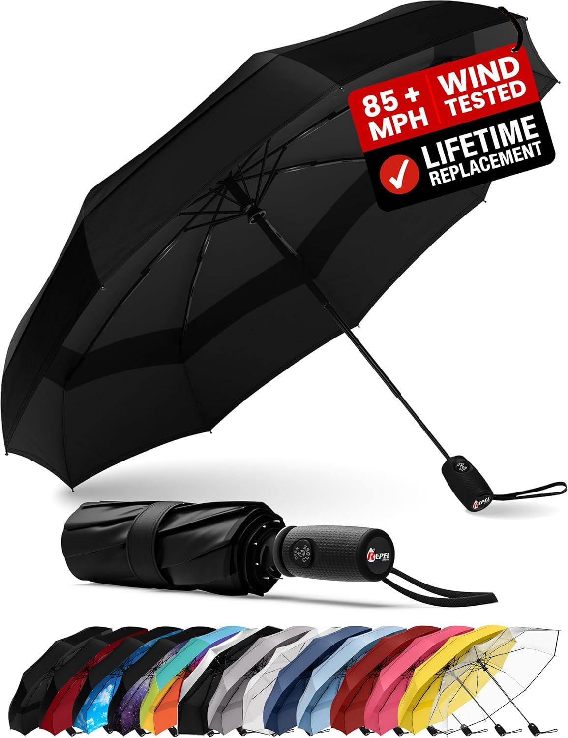 REPEL Windproof Travel Umbrella - Compact Design Withstands Winds Up to 85MPH | Durable Auto Folding Umbrella for Rain & Sun