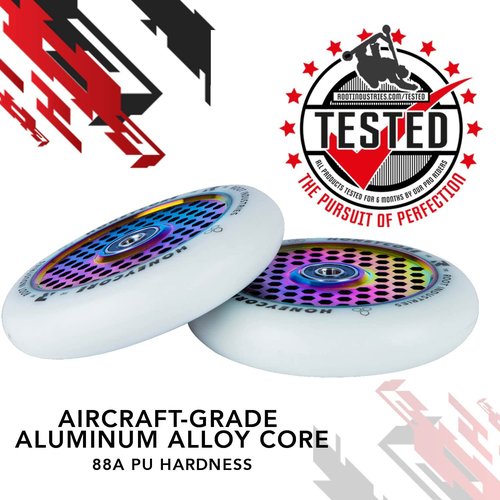 Honeycore Wheels 110mm - 120mm Pro Scooter Wheels Pair - Fits Most Setups - 24mm x 110mm - 120mm - Bearings Installed - 90 Day Warranty - Scooter Wheels (White/Rocket Fuel, 110mm)