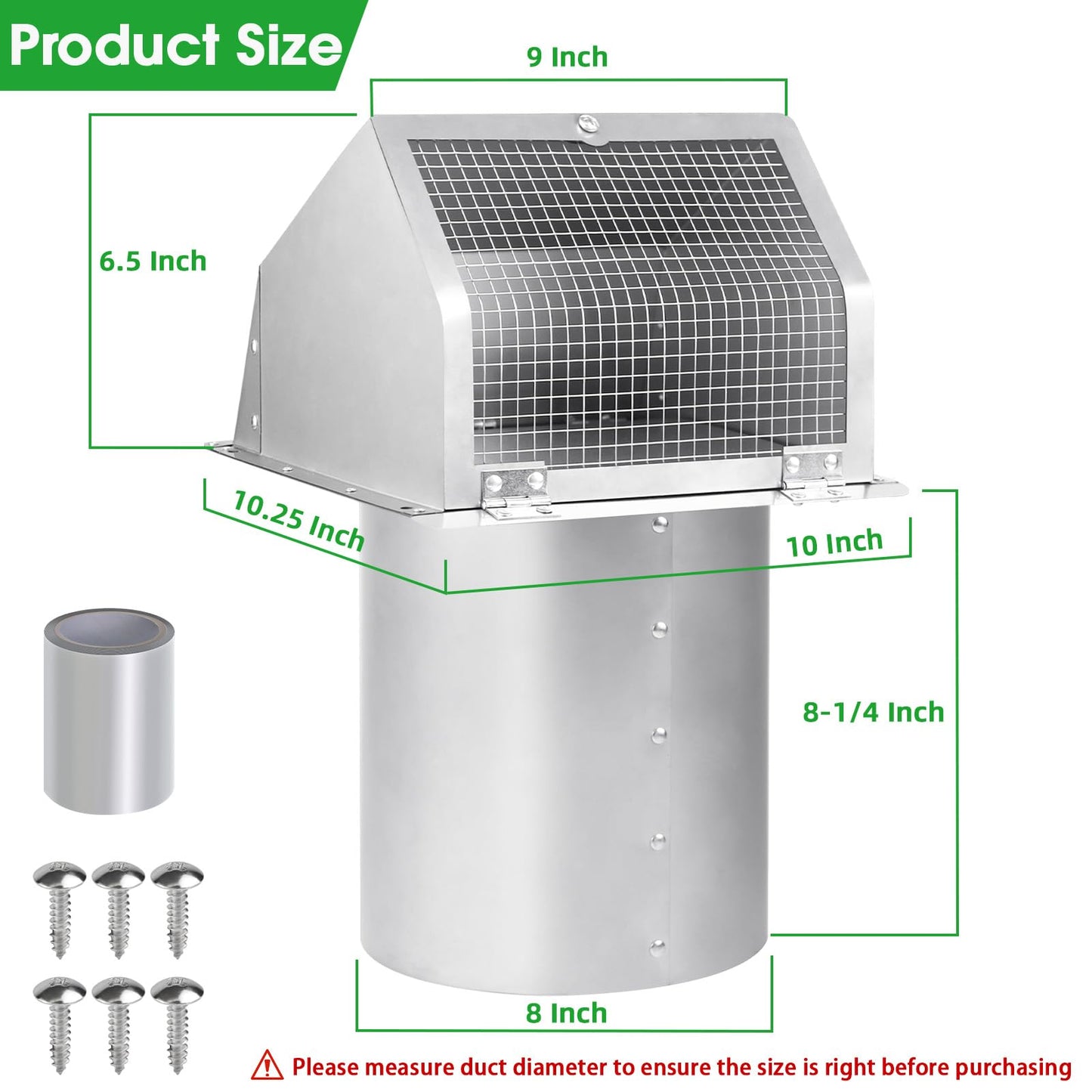 8 inch Wall Vent Ccover,Exhaust Vent Hooded Wall Vent with Screen and Damper,Outdoor Wall Exhaust Vent Cap Exterior Air Vent Cover for Kitchen Range Hood HVAC Duct Dryer Ventilation,Stainless Steel