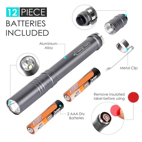 FASTPRO 6-Pack Pen Light, Aluminum LED Penlights with Batteries Included, Pocket Pen Flashlight with Clip for Inspections, Repairs, Camping and Emergencies, Grey