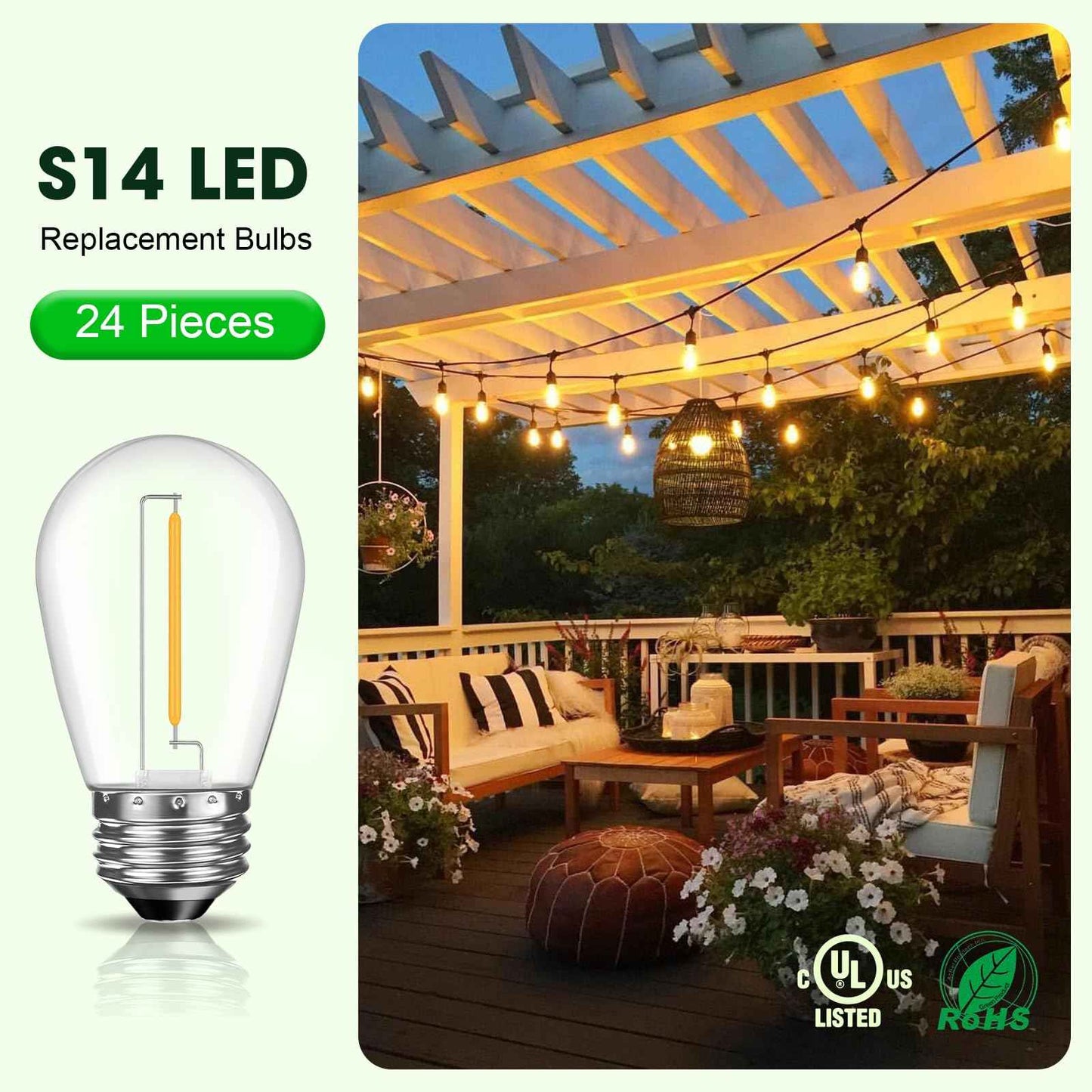 GvvooHome LED S14 Replacement Light Bulbs for Patio String Light, Shatterproof & Waterproof Hanging Light Bulbs for Outdoor String Lights, Dimmable, E26 Base, 24 Pack