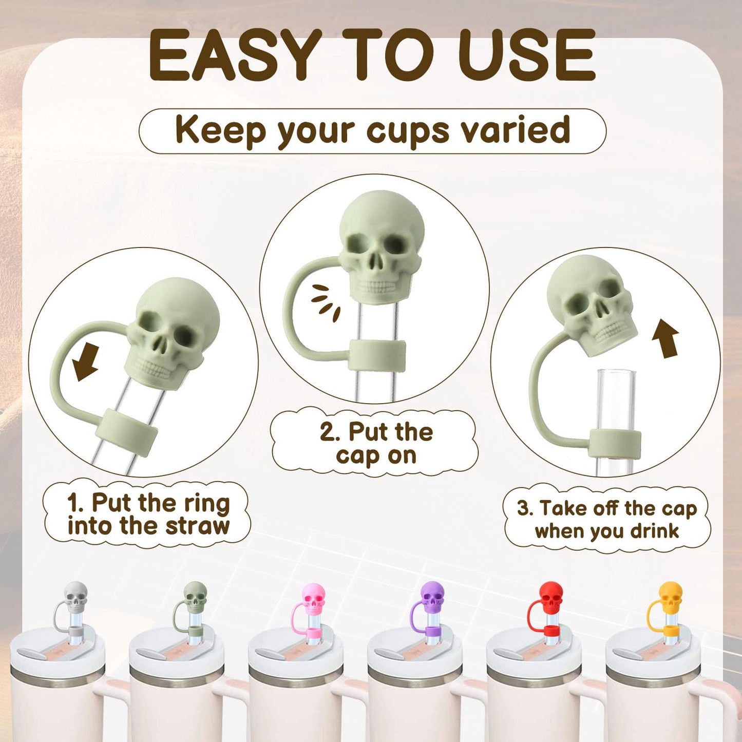 XLSXEXCL 12 Pcs Skull Cute Straw Cover Caps Compatible with Stanley