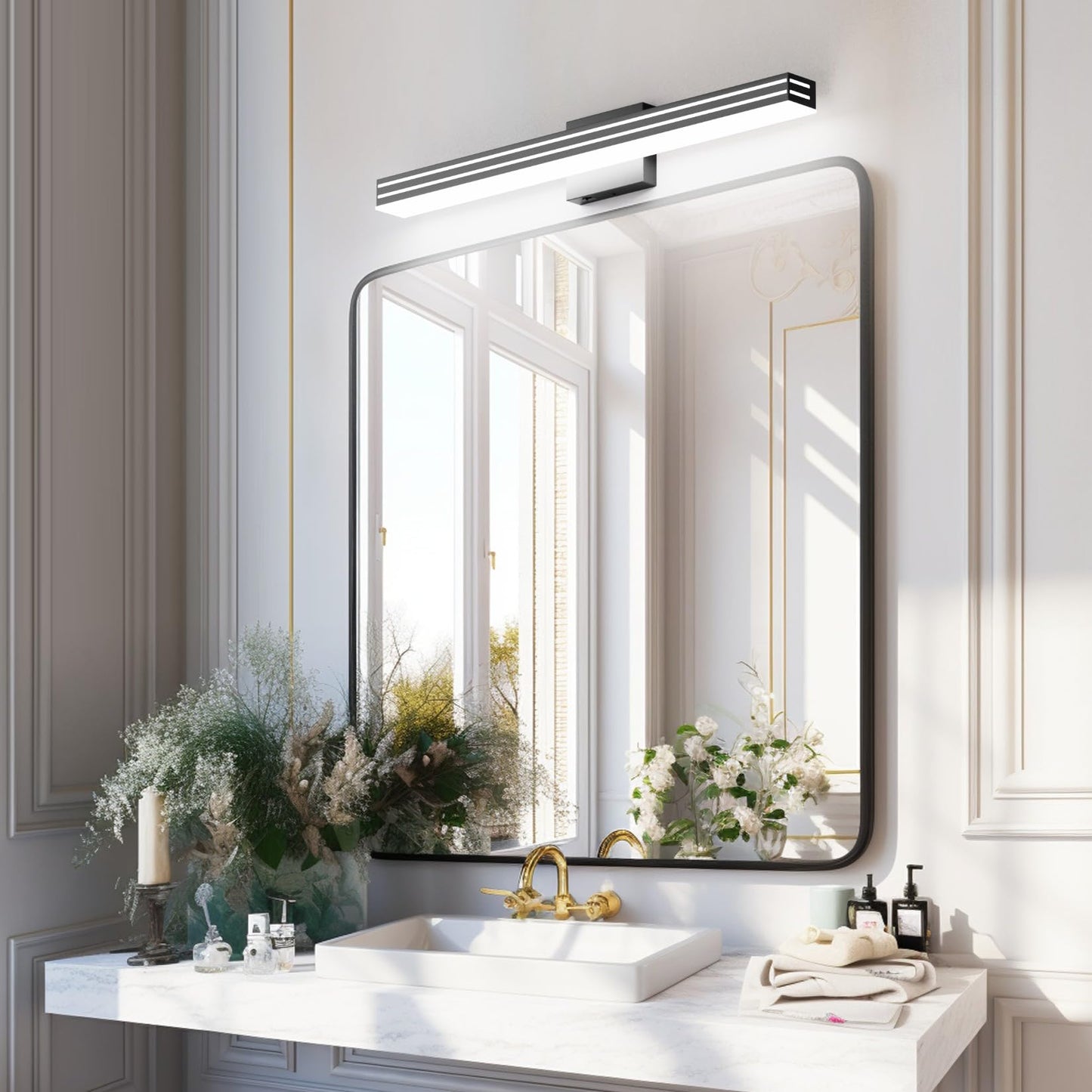 Ralbay Modern Black Bathroom Light Fixtures 5 Color Temperature Dimmable 31.5inch 30W Acrylic LED Black Bathroom Vanity Lighting Fixtures Over Mirror