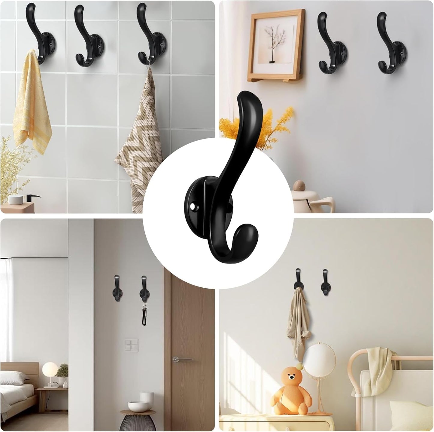 PEOIAOY 2 Pack Coat Hooks Wall Mount Heavy Duty Utility Retro Double Hooks for Hanging Coats,Hat, Towel, Key, Robe, Scarf, Bag, Cap (Black)
