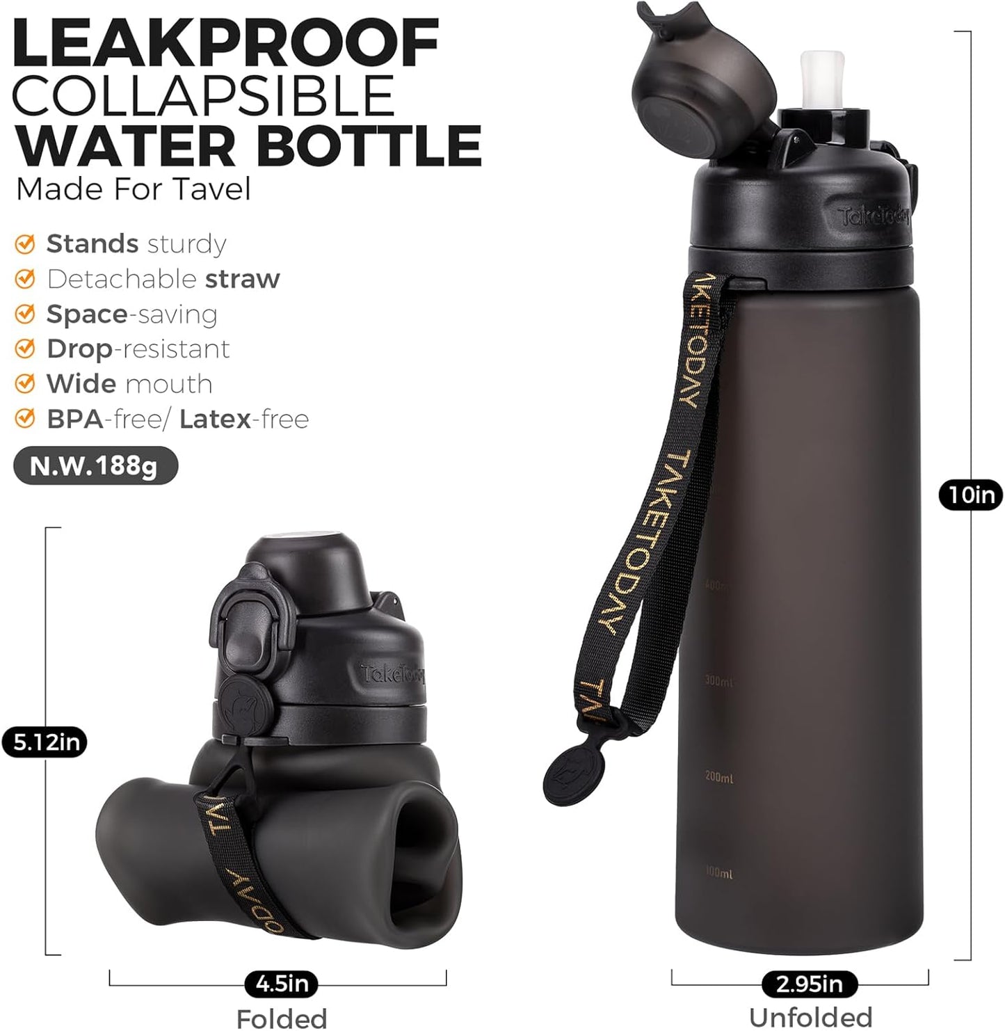 TakeToday Travel Water Bottle - Collapsible & Insulated Design for On-the-Go Hydration