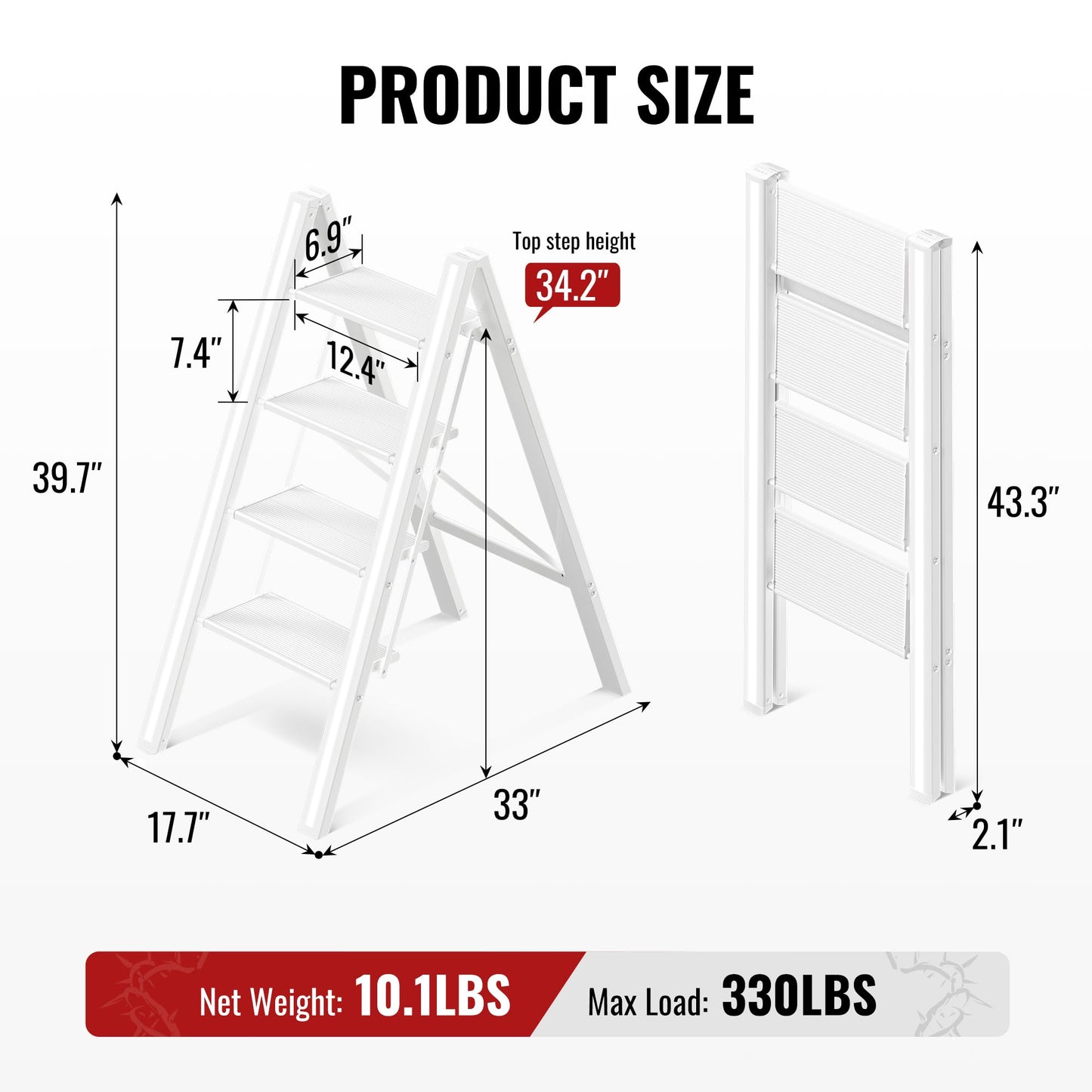 GameGem 4 Step Ladder, Aluminum Folding Step Stool with Anti-Slip Sturdy and Wide Pedal, Lightweight Portable Stepladder for Home and Kitchen Use, Cream White, 330 lbs