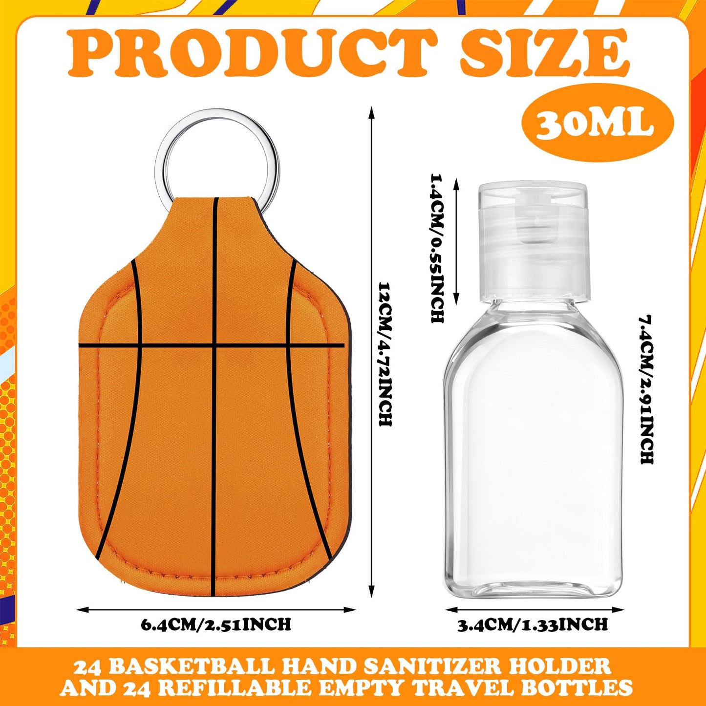 Kigeli 24 Set Softball/Basketball/Baseball/Soccer Hand Sanitizer Keychain Holders Bottle Team Gifts Empty Sports Party Favor(Basketball)