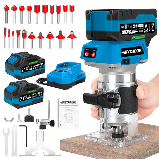 RYOJEGK Cordless Wood Router Tool,21V Brushless Palm Router with 2 x 4.0Ah Battery,Compact Trim Router 6-Speed with 20 PCS 1/4" Bits LED,Fresadora Para Madera for Woodworking Slotting & Edging