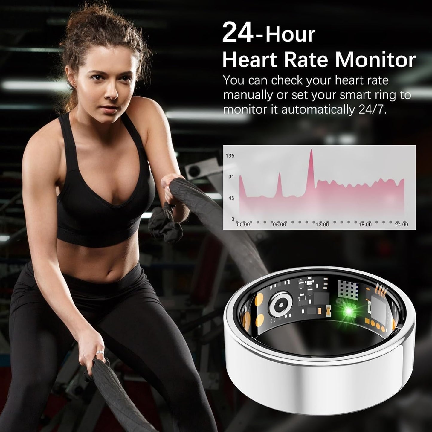 Ring Health Tracker for Women Men, Fitness Ring with Heart Rate, Blood Oxygen, Sleep Monitor, Calories, Step Counter, IP68 Waterproof Smart Ring for iPhone & Android, No Subscription Fee (Silver, 12#)