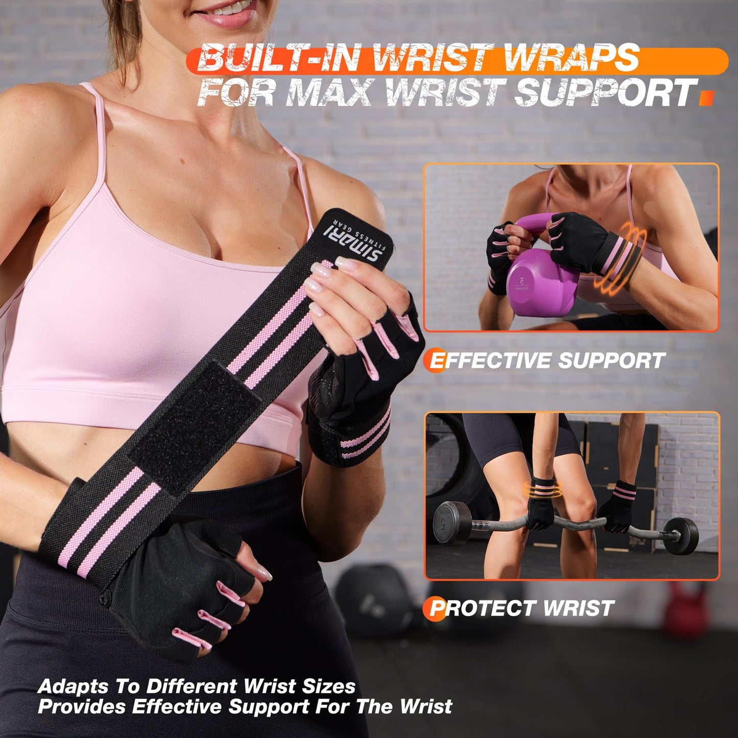 SIMARI Workout Gym Gloves for Men Women, Weight Lifting Gloves with Wrist Wrap Support, SBR Pad Grip for Full Palm Protection, for Exercise, Fitness, Dumbbells, Barbell, Climbing, Fingerless