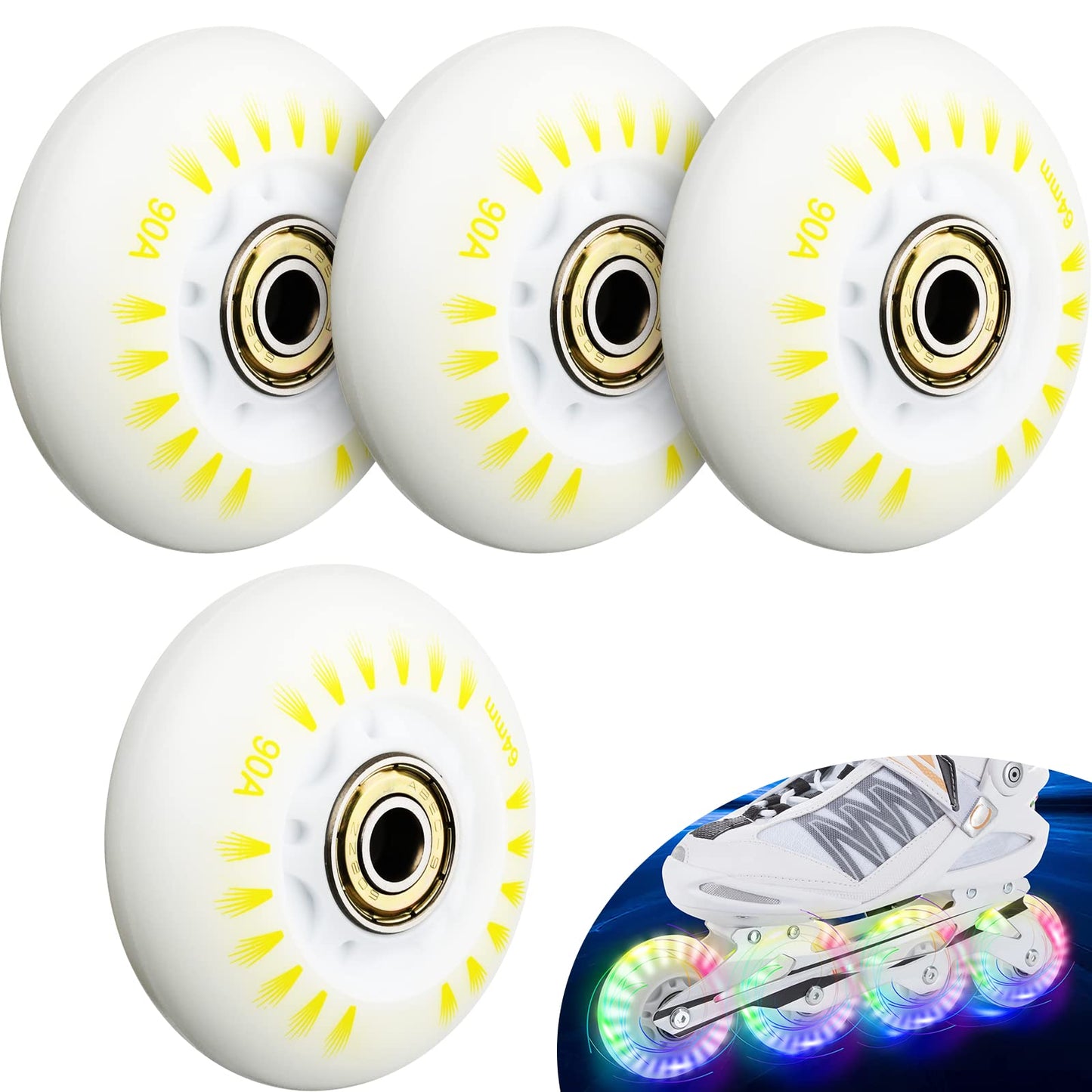 Cosmos 4 Pack 64mm Light Up Inline Skate Wheels Flash Roller Skate Wheels, 90A Roller Blade Skating Replacement Wheel with ABEC-9 Bearings for Indoor Outdoor Inline Roller Skates (Rainbow Color Light)