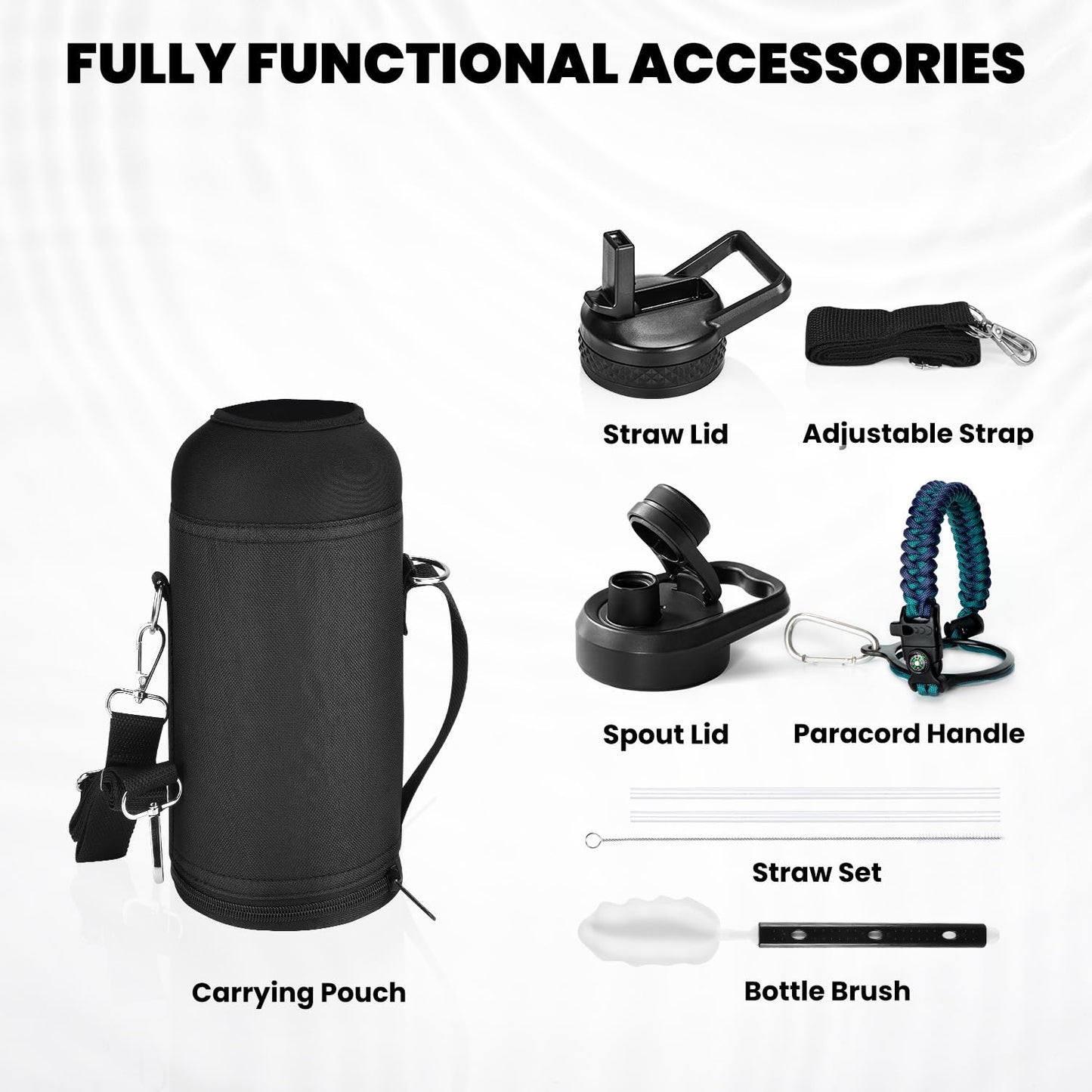 RAYMYLO Insulated Water Bottle 32 oz, Triple Wall Vacuum Stainless Steel (Cold for 24Hrs, Hot for 12Hrs), Leak Proof & Non-BPA, Modern Water Flask Jug with Paracord Handle & Straw Spout Lids