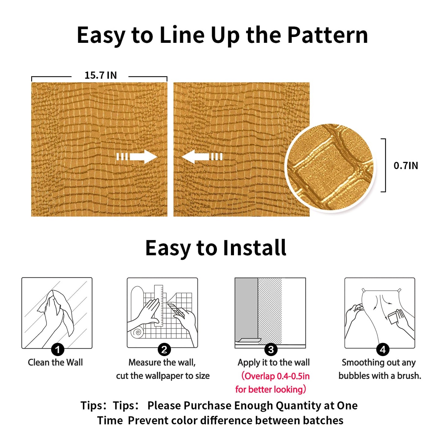 Cismmy Peel and Stick Wallpaper - Gold Crocodile, 15.7" X 118", Removable, Easy Peel Off, Renter Friendly Textured Wallpaper