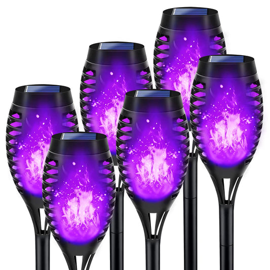 Purple Solar Halloween Lights for Halloween Decorations Outdoor, Solar Torch Lights Flickering Flame for Yard Decorations Outdoor, Waterproof LED Torch Light for Garden Pathway Party Outside Decor