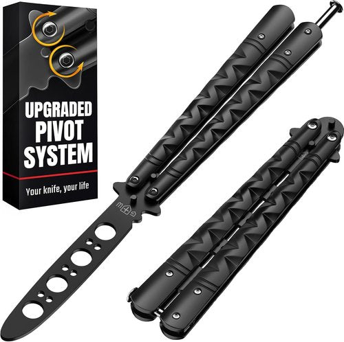 GOOD WORKER Butterfly Knife - Black Balisong Trainer with Sure Spring Latch | Full Stainless Steel Design