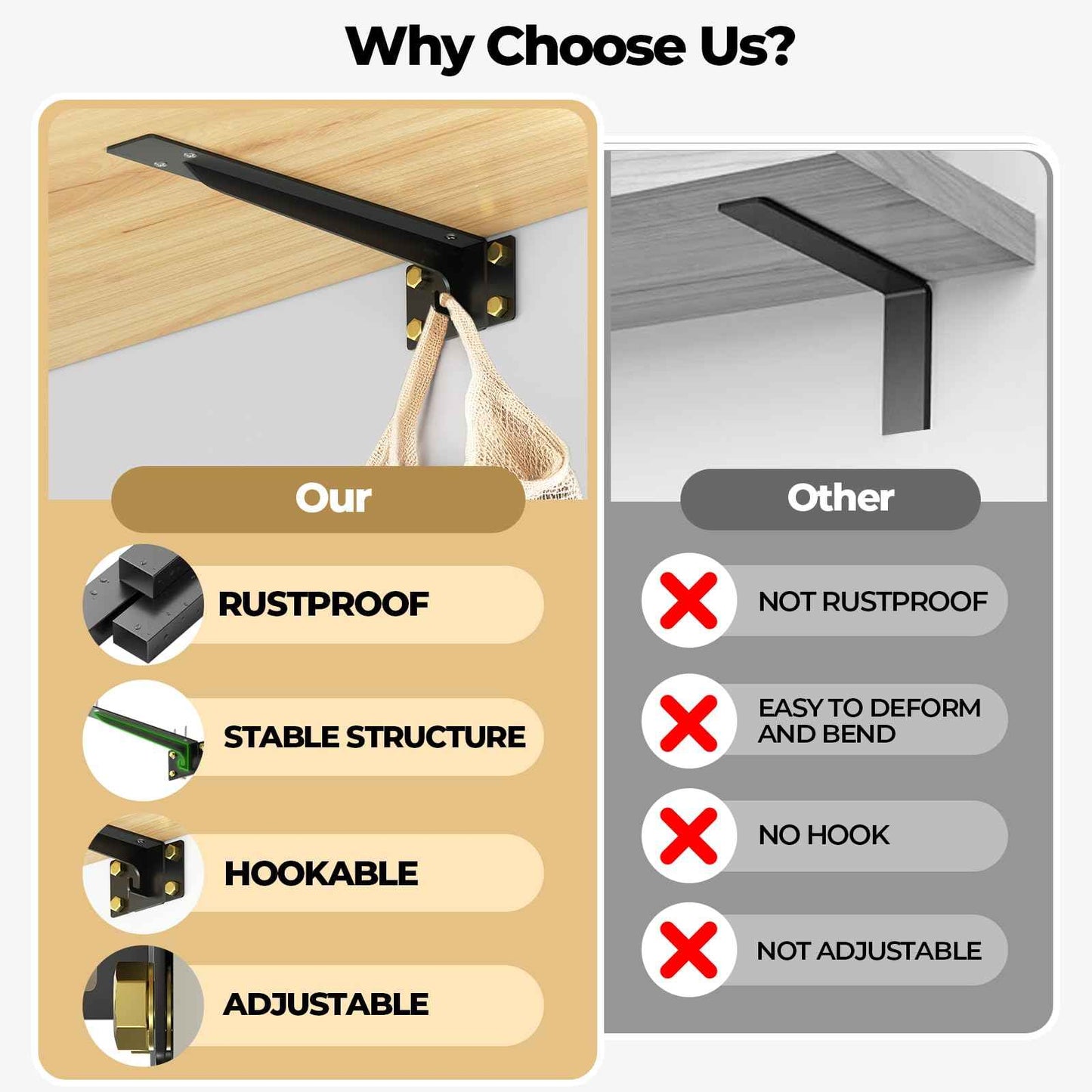 Matutinus Heavy Duty Shelf Brackets 16 Inch, 1500 lbs Capacity, Hooks for Wall Mounted Shelves, L-Shaped Floating Shelf Brackets with Hanging (Black 2 Pack)