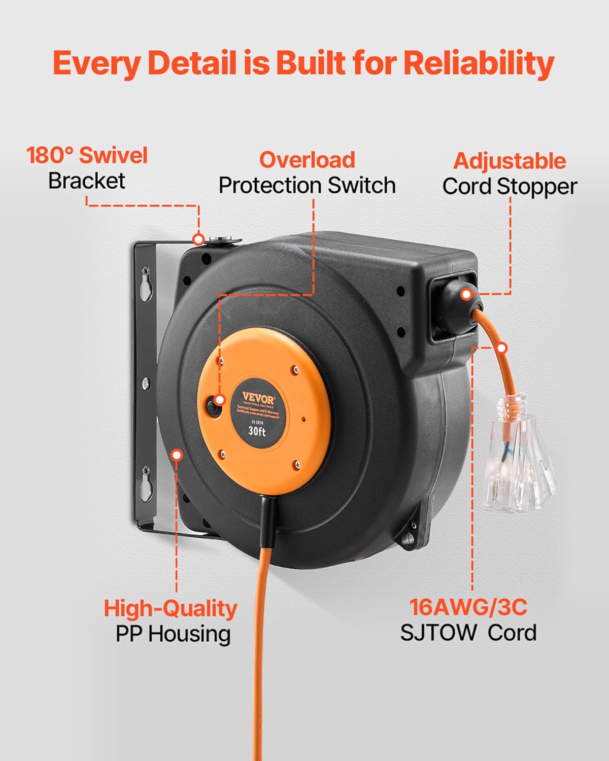 30 FT Retractable Extension Cord Reel - Heavy Duty 16AWG with Lighted Triple Tap Outlet & Circuit Breaker for Garage/Shop