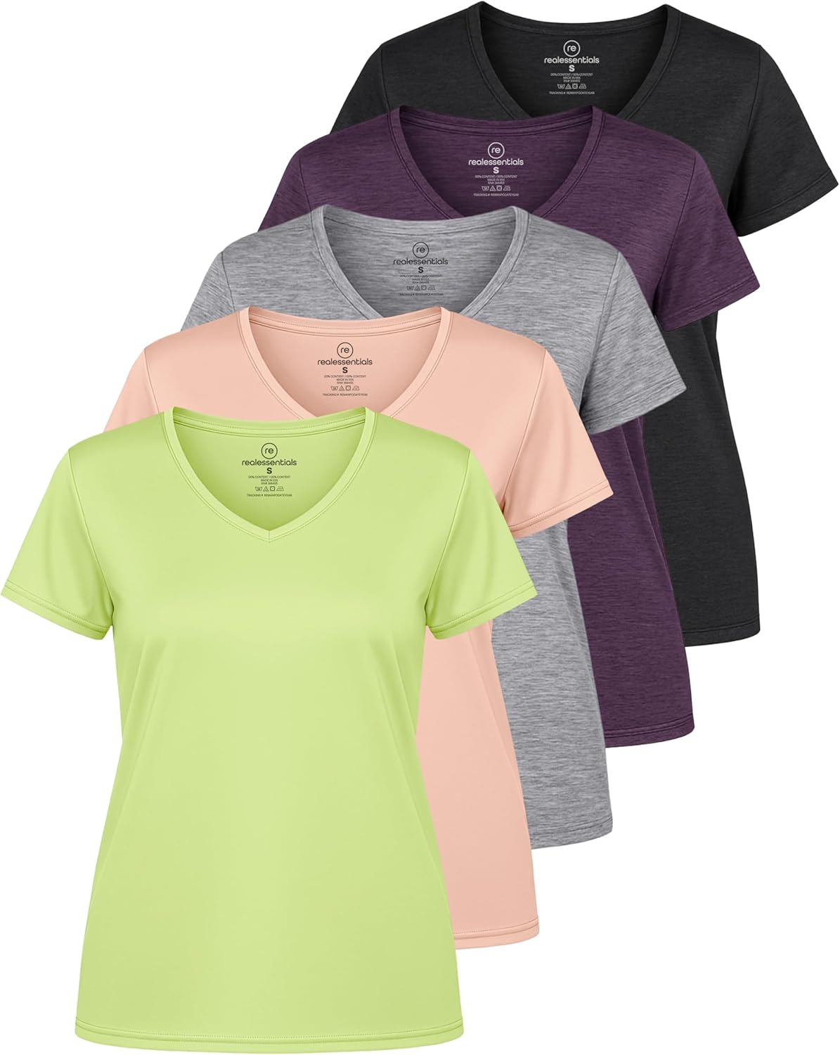 Real Essentials Women's Dry-Fit Short Sleeve V-Neck T-Shirt - 5 Pack Workout & Yoga Tops (Plus Size Available)
