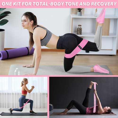 Halloscume 16 Pcs Home Pilates Kit for Women Resistance Band, Stretching Band, Non Slip Socks, Yoga Fascia Balls, Stretch Belt in Sections, Balanced Cushions, Hip Belt and Drawstring Bag (Pink)