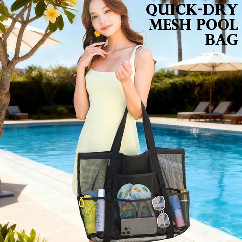 Fammart Large Mesh Beach Bag - Versatile Tote with Zipper Pocket for Family Travel & Pool Essentials
