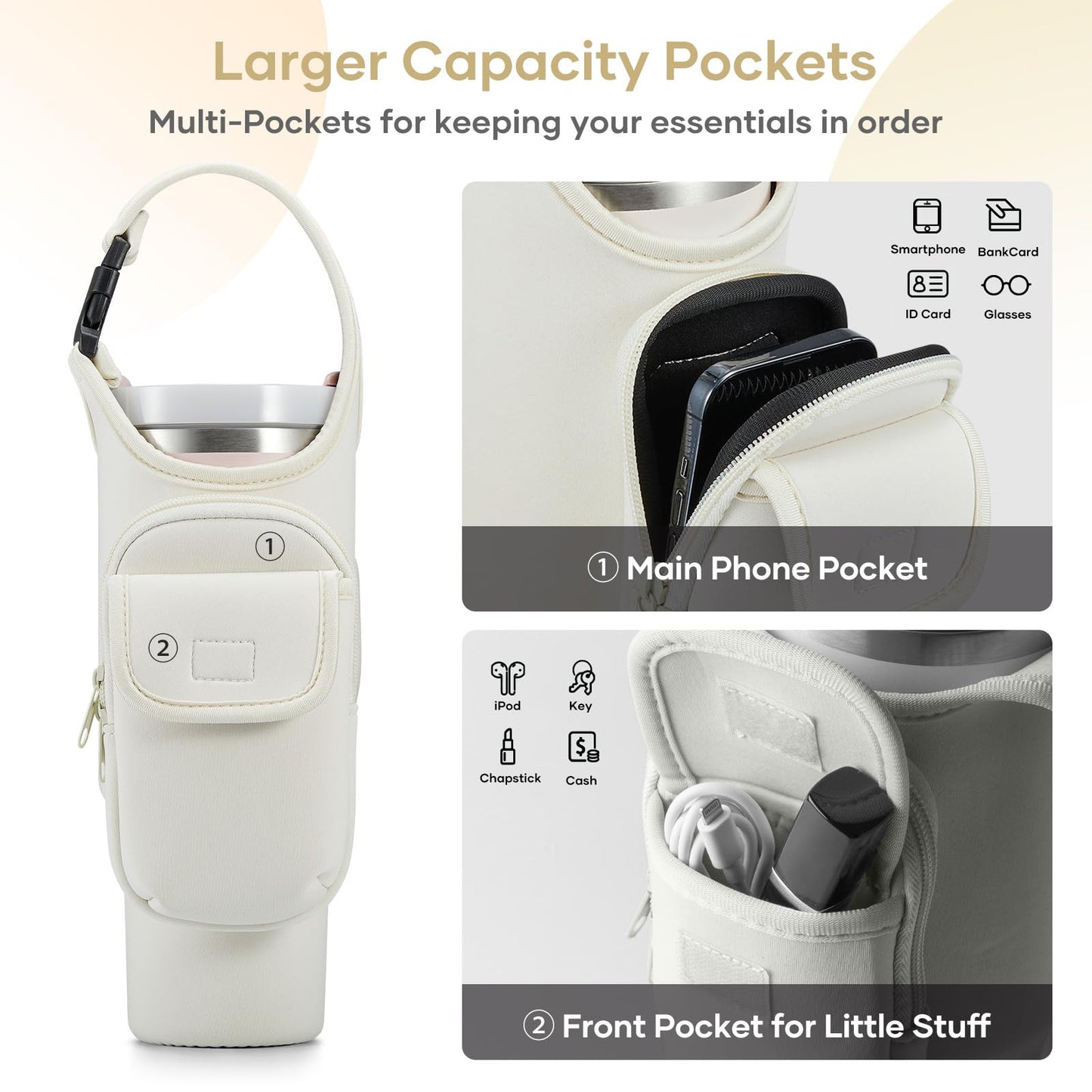 Bufilea Carrier Bag with Phone Holder Pockets for Stanley 40/30oz Tumbler with Handle, Insulated Neoprene Crossbody Bag Cup Holder w/Shoulder & Handheld Straps Fits Stanley Cup Accessories