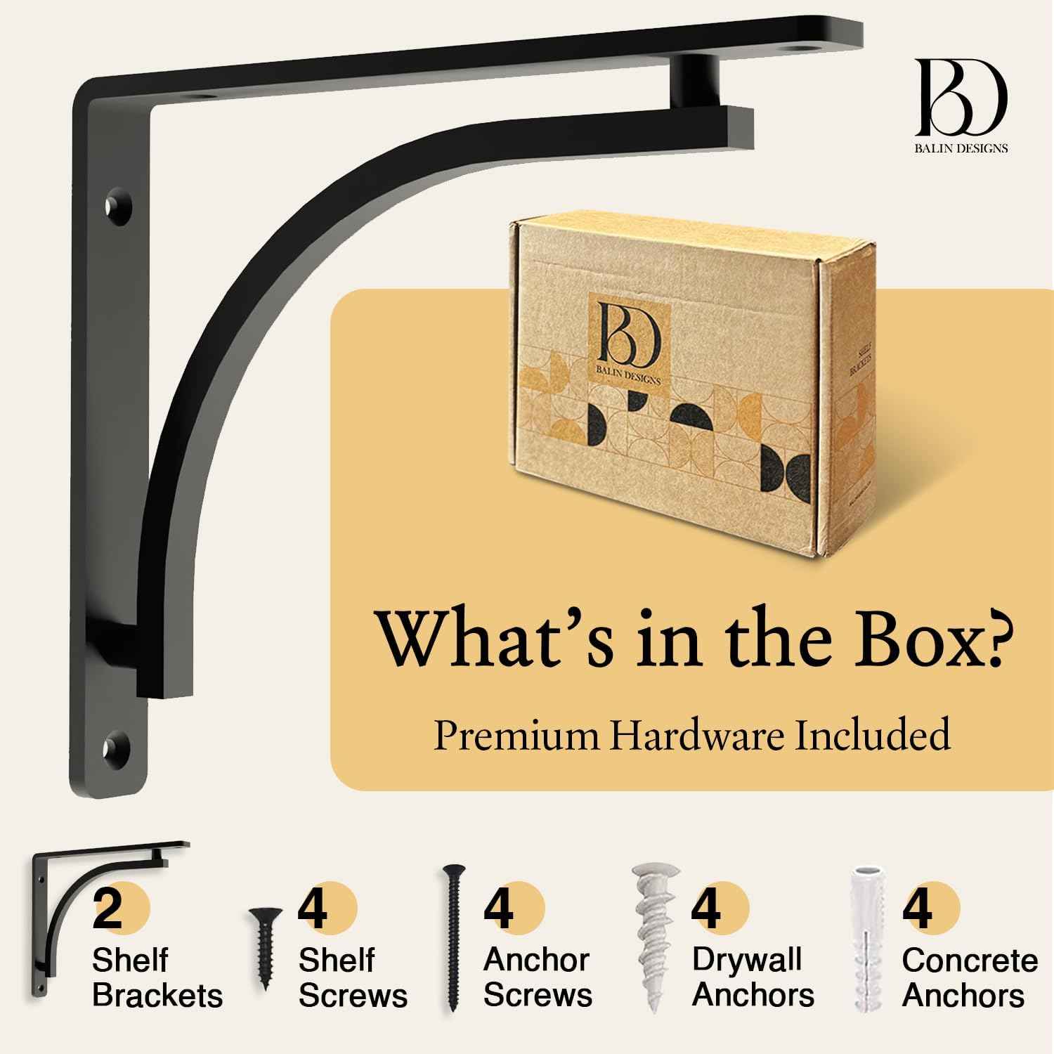 Heavy Duty 8-Inch Black Shelf Brackets - Wall Mounted L Bracket Set of 4 with Hardware