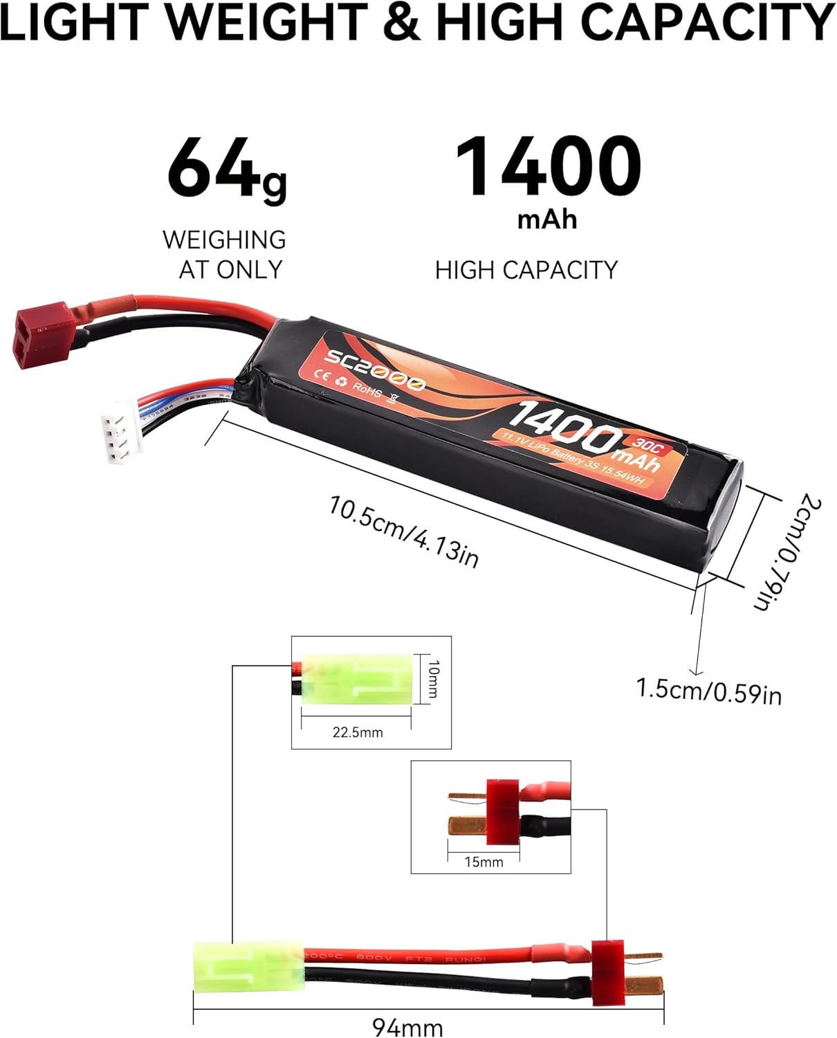 RunCam 11.1V LiPo Battery - 1400mAh 30C Rechargeable Stick Battery with T Plug | Mini Tamiya Cable for Airsoft Guns