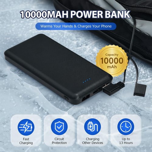 Heated Hand Warmer Rechargeable with 10000mah Battery, Electric Hand Warmer Pouch with 3 Settings, Heated Gloves for Men Women, Electric Hand Muff Pocket for Football, Hunting, Golf, Fishing