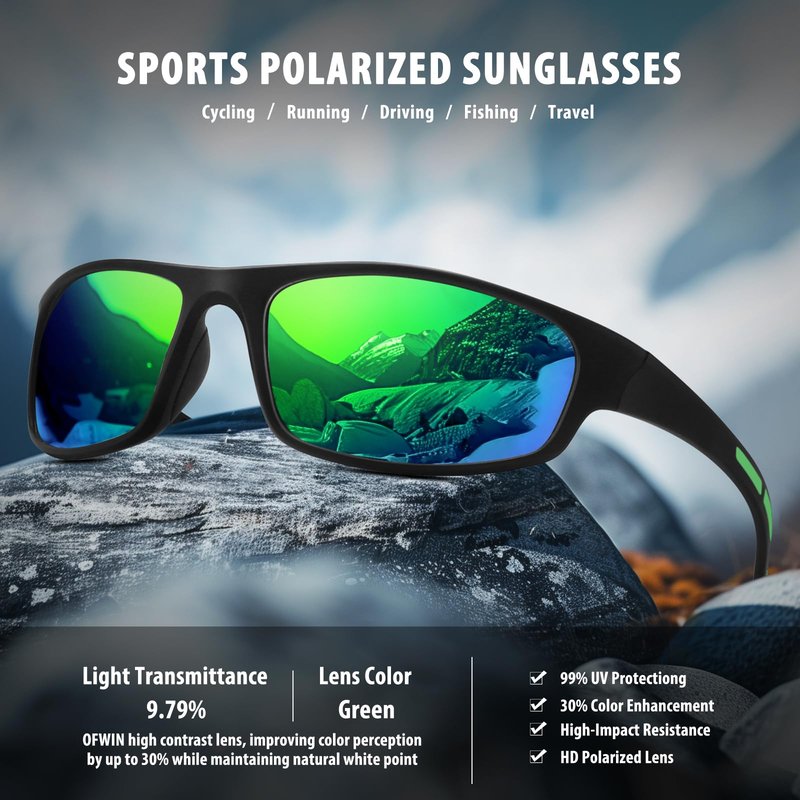 Ofwin Sports Polarized Sunglasses for Men Women Wrap Around Sun Glasses Fishing Cycling Driving Running UV Protection Green Mirrored
